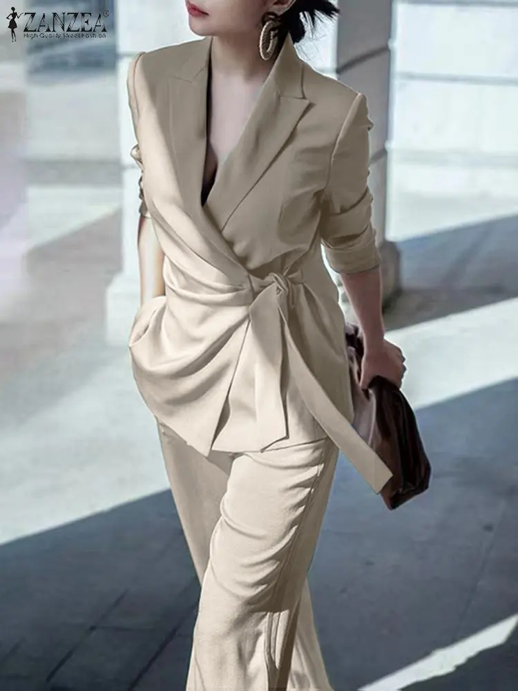 ZANZEA 2PCS Women Office Matching Sets Fashion Blazer Suit Tracksuits Long Sleeve Lapel Blouse & Solid Wide Leg Pants Outfits