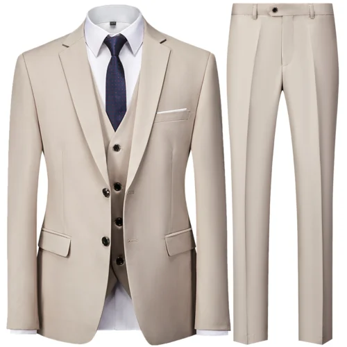2023 Fashion Men’s Wedding Solid Color Casual Business Suit 3 Pieces Set / Male Two Button Blazers Trousers Pants Vest Waistcoat