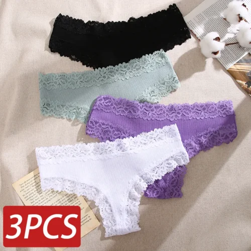 3PCS Lace Seamless Cotton Panties Ribbed Brazilian Pants Low Waist Women Panties Breathable Girls Underwear Plus Size Lingerie