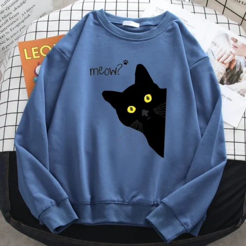 Winter Harajuku Woman Sweatshirt Meow Black Cat Printing Hoodies Comfortable All-Math Pullover Crewneck Loose Female Clothes