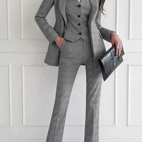 Women Elegant Formal Business Blazer 3 Pieces Suit Office Work Plaid Jacket Vest Pantsuit Korean Fashion Female Vintage Outfits