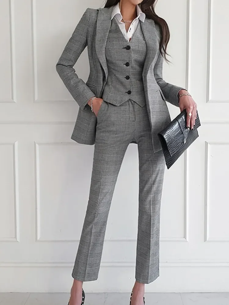 Women Elegant Formal Business Blazer 3 Pieces Suit Office Work Plaid Jacket Vest Pantsuit Korean Fashion Female Vintage Outfits