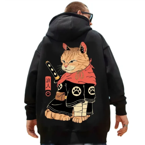 Samurai Cat Printed Men’s Hooded Sweatshirts Japanese Element Graphic Pullover Autumn Keep Warm Essentials Hoodie Oversized Coat