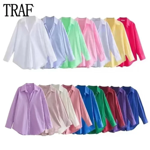 TRAF Women Shirt Multicolour Button Up Shirt Women Summer Long Sleeve Top Female Streetwear Oversize Shirts And Blouses