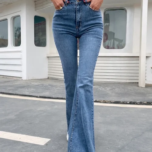 Benuynffy Button Fly Women’s Raw Hem Flare Jeans Autumn Fashion Woman Denim Pants Jean Femme High Waist Full Length Slim Jeans