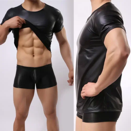 Man Black Pu Leather T-Shirts Stage Performance Round Neck Short Sleeve Summer T-Shirt For Men Tees Tops Man Clothing