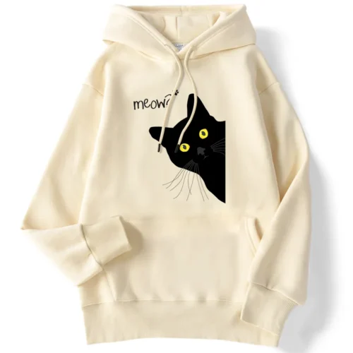 Winter Women Hoodies Meow Black Cat Printed Pullover Pocket Drop Sleeves Hoody Breathable Loose Sweatshirts Cute Ladies Clothes