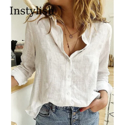 Elegant Cotton Linen Shirts Women Casual Solid Button Lapel Blouses Shirts Autumn Winter Long Sleeve Loose Tops Tunic Blusas