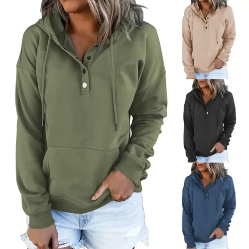 2023 Fashion Trend Long Sleeve Loose Casual V-collar Button Hooded Drawstring Pocket Hoodie