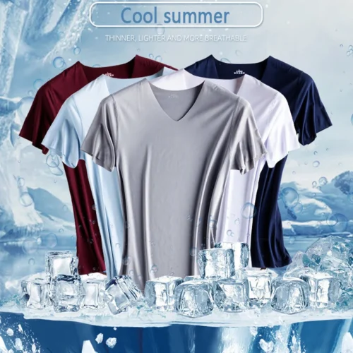 Fashion Summer Seamless Breathable Ice Silk T-Shirt Vest Men’s Sports Short Sleeve T-shirt Ice Silk Solid Color V-neck M-5XL