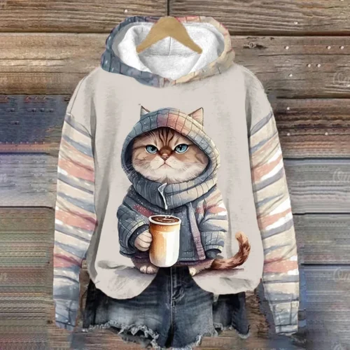 Women’s Hoodies Funny Kawaii Cat Animals Print Hoodie For Women Sweatshirts Female Clothes Casual Cute Pullover Woman Sweatshirt
