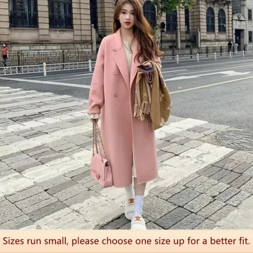 Pink Double-sided Cashmere Overcoat Women’s Autumn/winter Loose-fit Medium-length Vintage-style Woolen Jacket