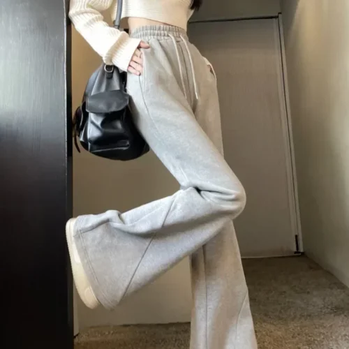Deeptown Korean Style Grey Brushed Pants Women Gyaru Kpop Wide Leg Flared Sweatpants Y2k American Retro Oversize Jogger Trousers