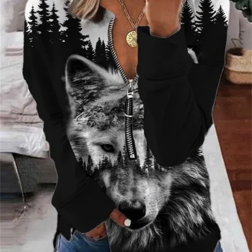 Wolf Hoodies Women Fashion Zipper Hoodies Vintage Animal Sweatshirt Zip Up Hoodie Oversized Sudaderas Crewneck Coats Ladies