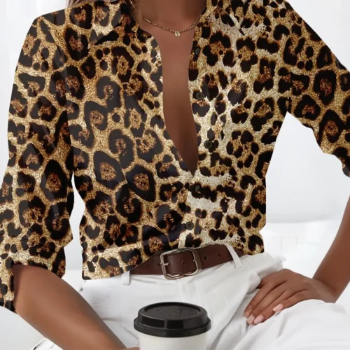 Fashion Leopard Women’s Shirt Ladies Spring and Autumn Trendy Tops Oversized Lapel Button Down Shirt Women’s Printed Clothing