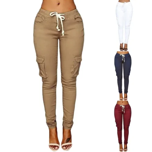 Trousers Solid Color Pants Skinny Casual Women Cargo Pockets Drawstring Joggers Trousers