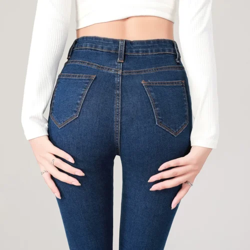 2024 Sexy Women Blue Slim Skinny Denim Jeans High Waist Elastic Mom Jeans Stretch Washed Pencil Pants Streetwear Tight Trousers
