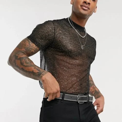 2023 Men Short Sleeve Mesh Shirt Sheer Slim Fit Shiny Sexy T-Shirt Party Nightclub Thin Breathable
