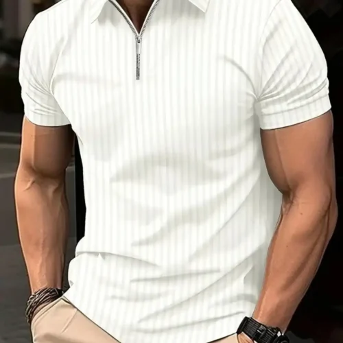 Summer Men’s Solid Color POLO Shirt Zipper Short-Sleeved T-Shirt Top Casual Commercial Lapel Street Men’s Clothing POLO Shirt