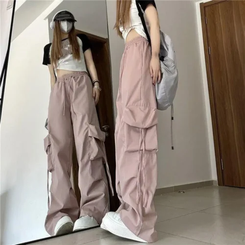 Retro Women Elastic High Waist Cargo Pants Drawstring Multi Pockets Straight Wide Leg Casual Long Trousers Streetwear