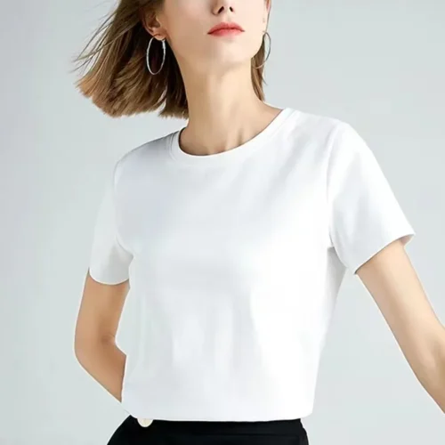 Summer 100% Mercerized Cotton Women Silk T-shirts O Neck Short Sleeve Loose Straight Tops Simple Casual Tees For Minimalist 2023