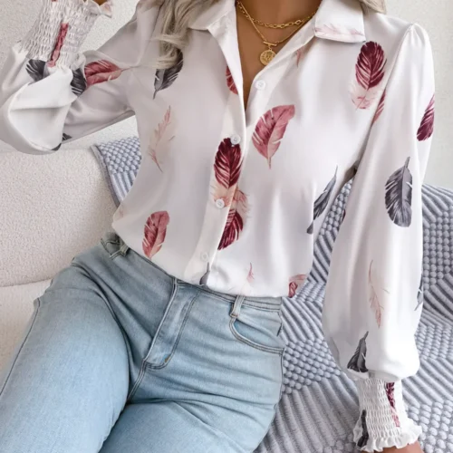 Women Casual Feather Print Collar Long Sleeve Shirt White Pink Blue