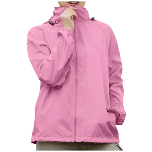 Female Clothing Women’S Solid Colored Hooded Long Sleeved Jacket Wind Breaker Sun Protection Jacket Outdoor Sports Jacket