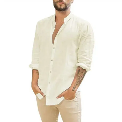 Cotton Linen Hot Sale Men’s Long-Sleeved Shirts Summer Solid Color  Stand-Up Collar Casual Beach Style Plus Size