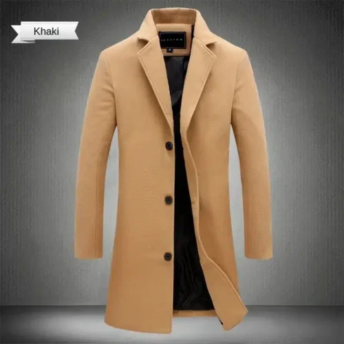 Long Cotton Coat New Wool Blend Pure Color Casual Business Fashion Men’s Clothing Slim Windbreaker Jacket