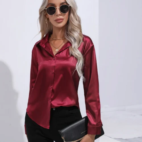 Elegant Women’s Satin Imitation Silk Long Sleeve Shirt Autumn/Winter Solid Office Lady Lapel Button Blouse Women Clothing S-XXL