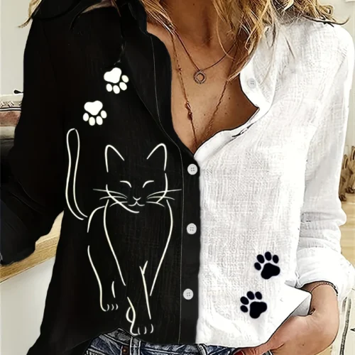 Women’s Shirt Fashion Clashing Color Patchwork Shirt Top Temperament Sense Long Sleeve Cat Shirt 2023 Autumn Brand Design Shirt