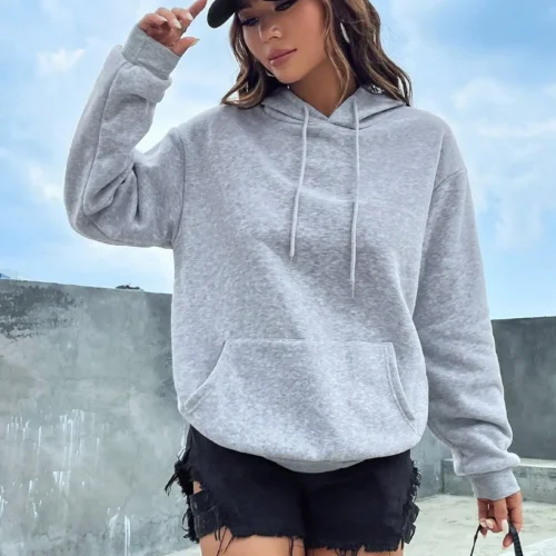 Solid Color Casual Hoodie For Female Pocket Creative Sweatshirts All-Match Street Clothes Womens Fleece Unisex Pullovers