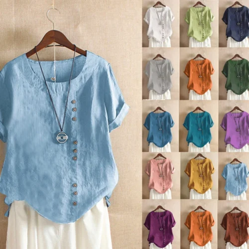 18 Colors S-5XL Women Cotton Linen Button Blouse Summer Female O-Neck Short Sleeve Solid Shirt Tops WYLP-M03