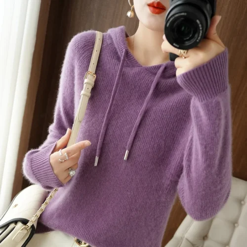 New Autumn Winter Women Sweater Cashmere Pullover Hooded Collar Casual Knit hoodie  Cashmere Sweater Women