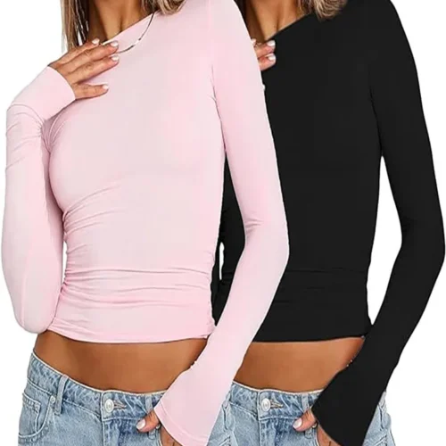 Pink Long Sleeve T-shirt Women 2024 Summer Cute White Crop Top Ladies Causal Sexy Slim O Neck Basic Tees Tshirt Y2k Top Clothes