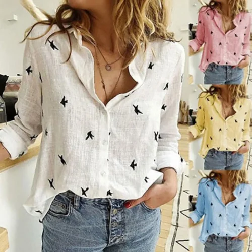 Casual Long Sleeve Birds Print Loose T Shirts Women Oversized Cotton and Linen Blouses and Tops Vintage Streetwear Tunic Tees